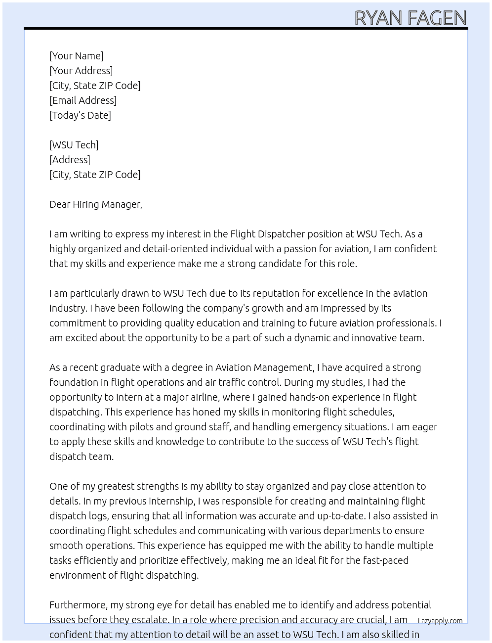 Flight dispatcher At WSU Tech Cover Letter