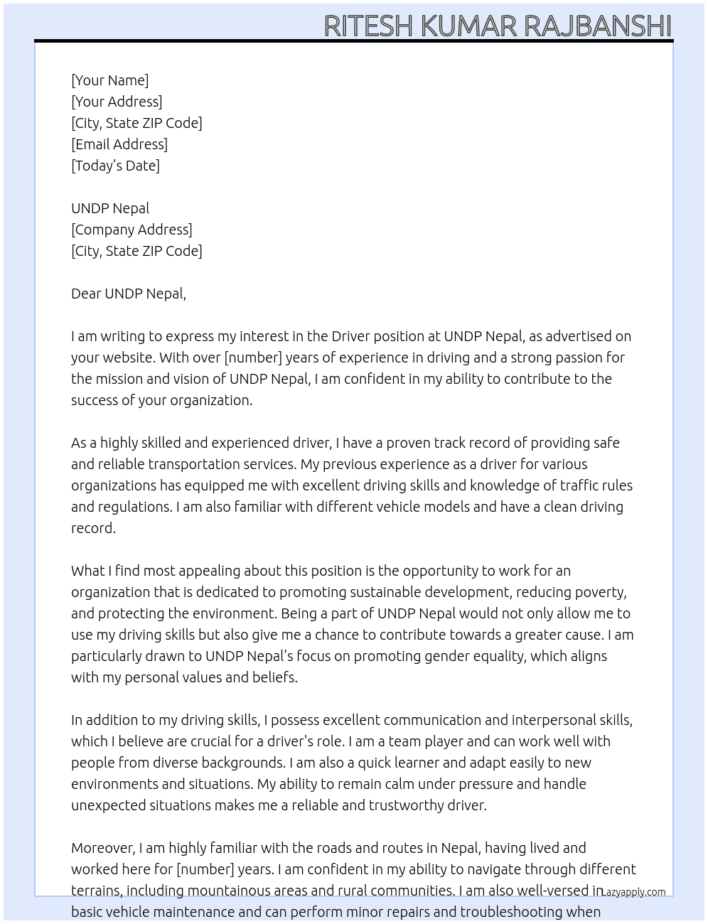 Driver At UNDP Nepal Cover Letter