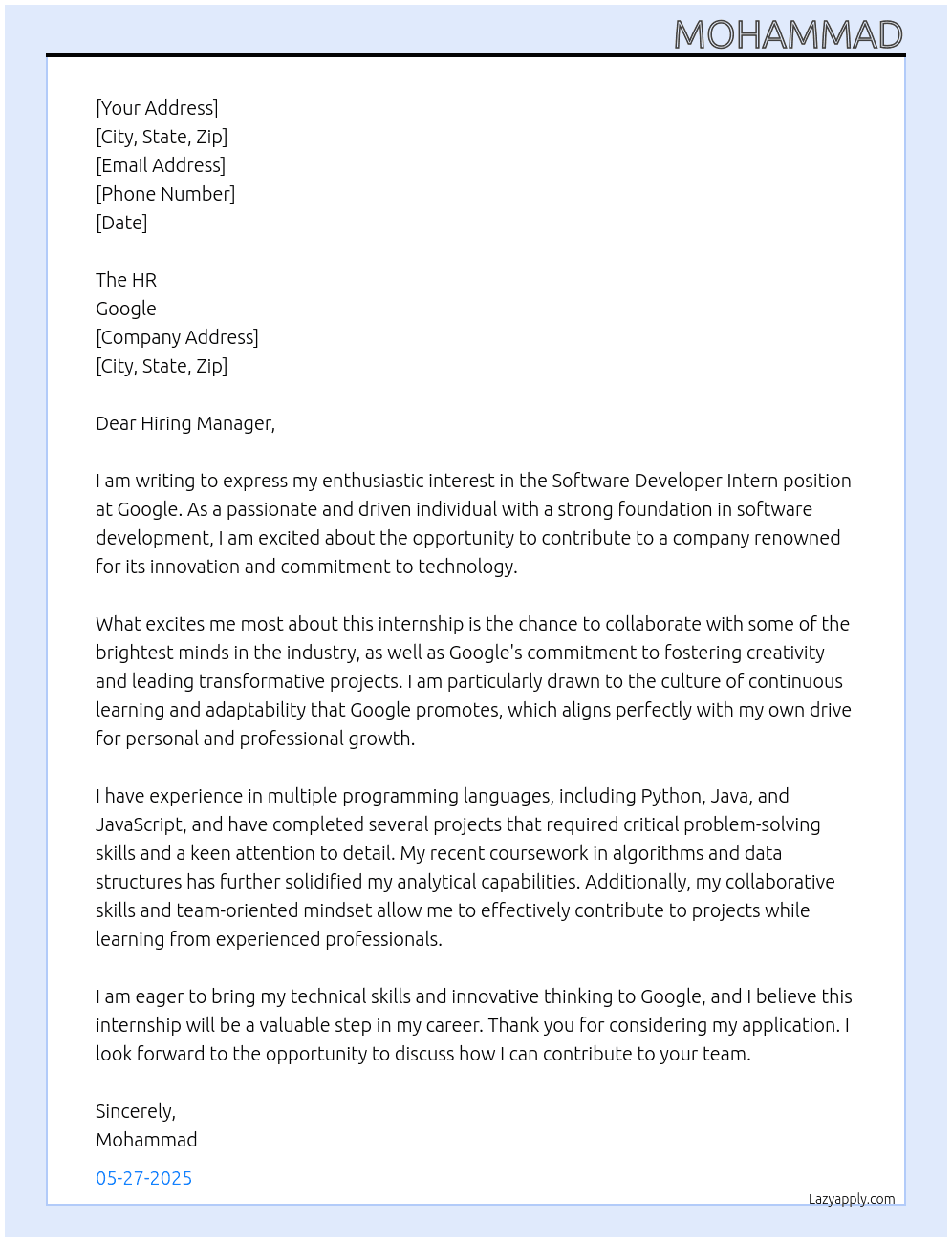 Software developer Intern At Google Cover Letter