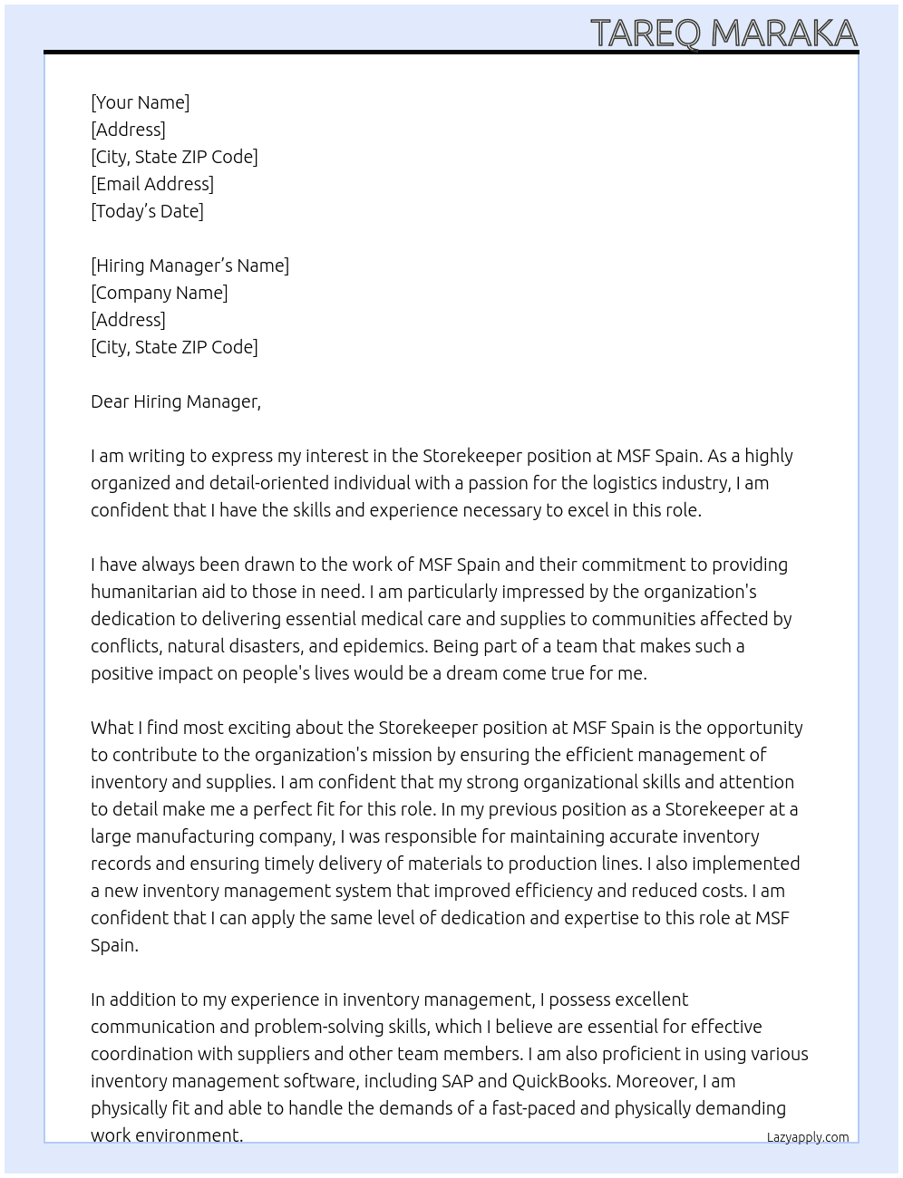 Storekeeper At MSF Spain Cover Letter