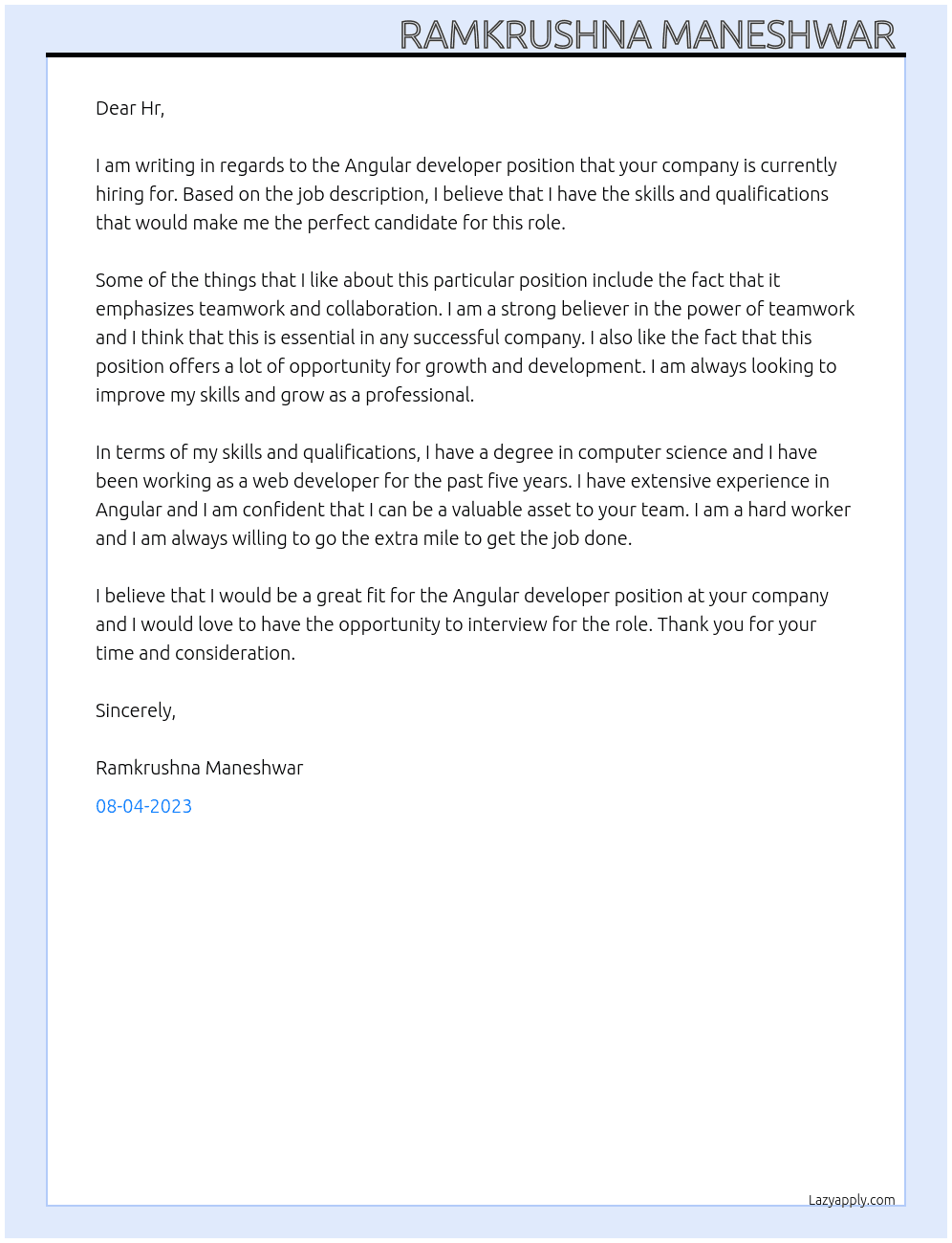 Angular developer  At HRM Cover Letter