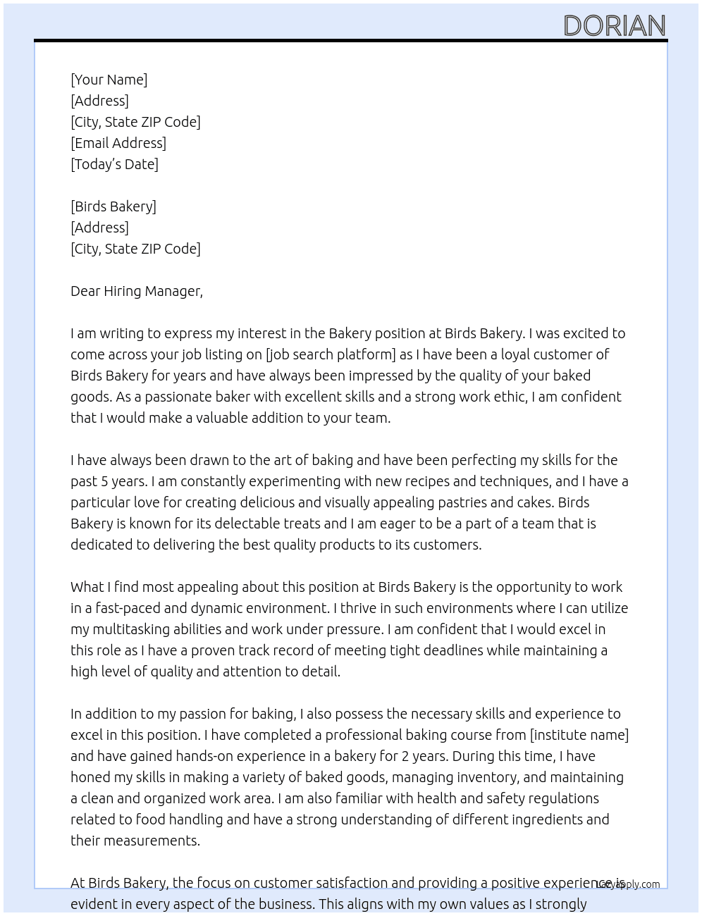 Bakery At Birds Cover Letter