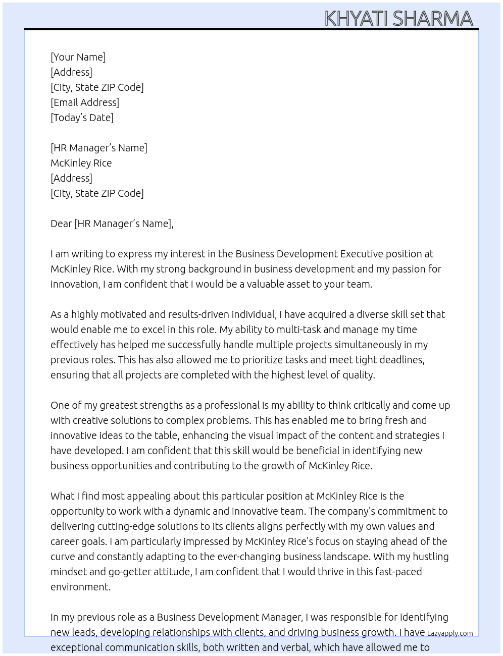 Business Development Executive  At McKinley Rice  Cover Letter