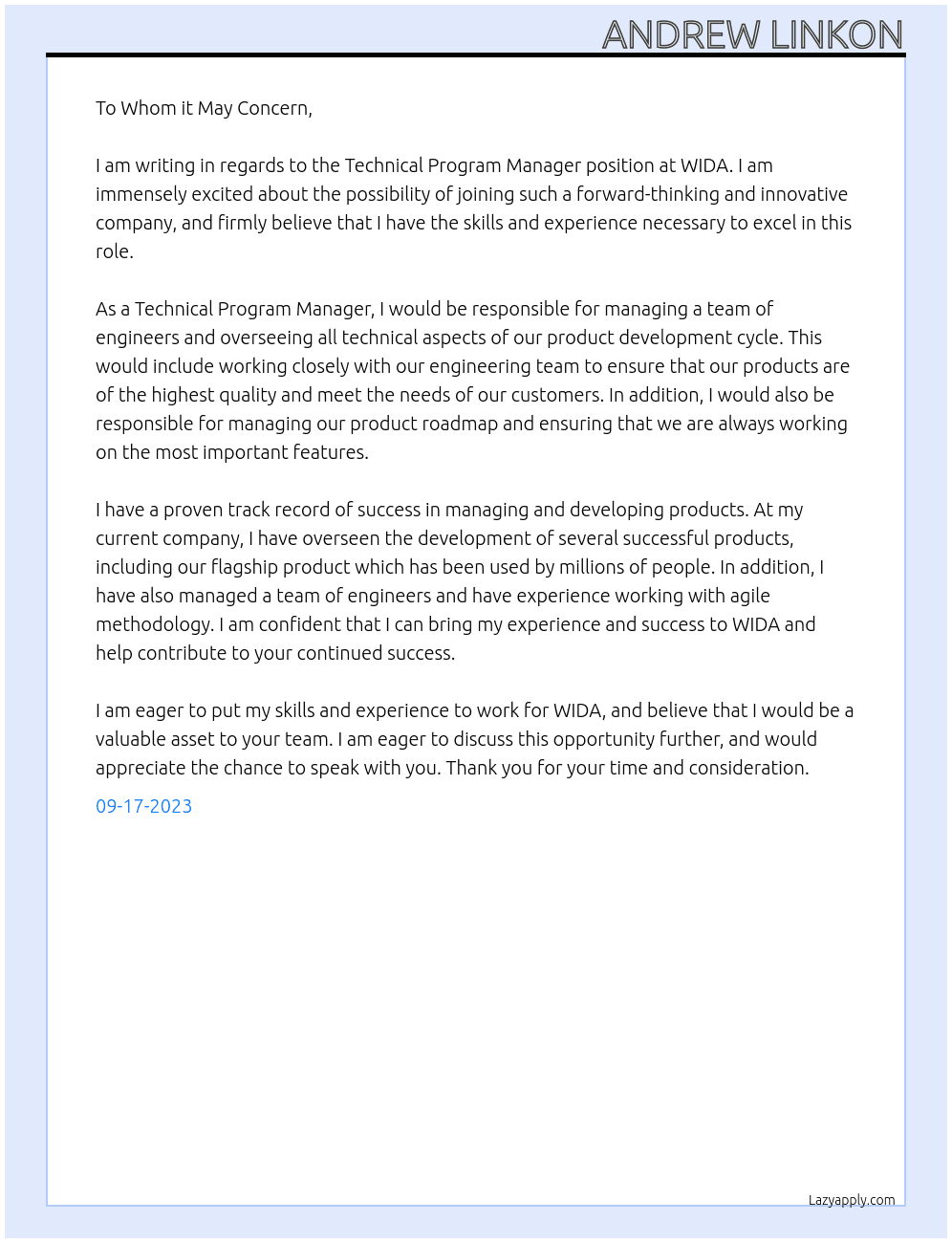 Technical Program Manager At WIDA Cover Letter