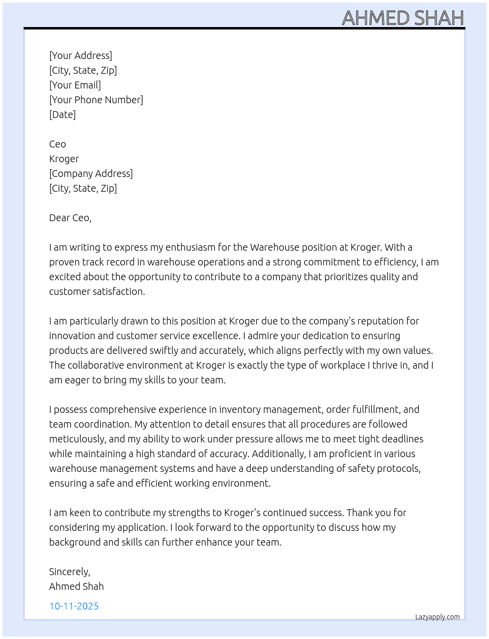 Warehouse  At Kroger Cover Letter