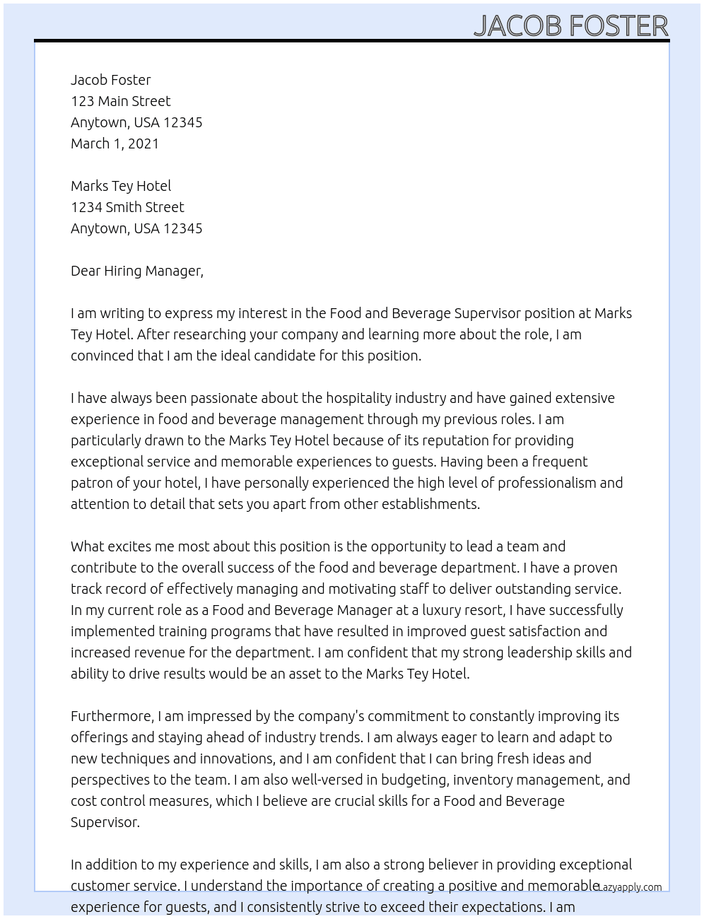 Food and Beverage Supervisor At Marks Tey Hotel Cover Letter