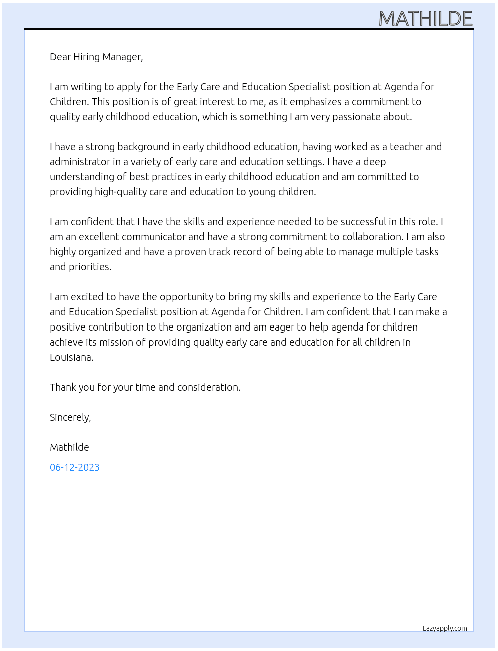 Early Care and Education Specialist At Agenda for Children Cover Letter