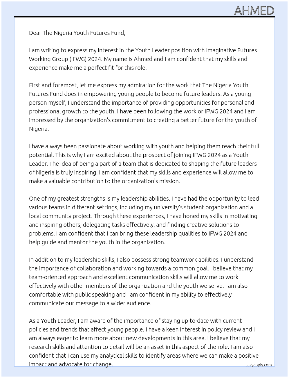 Youth Leader At Imaginative Futures Working Group (IFWG) 2024 Cover Letter