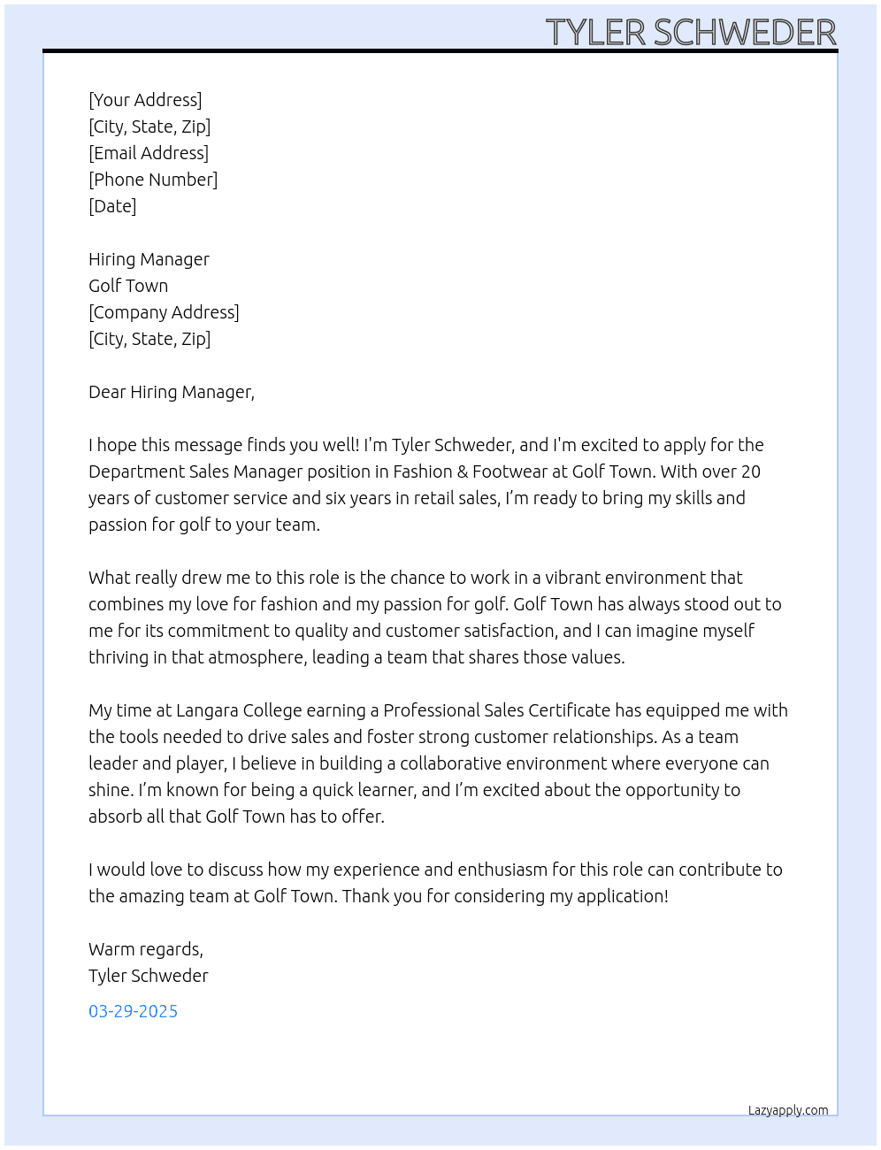 Department Sales Manager Fashion & Footwear At Golf Town Cover Letter