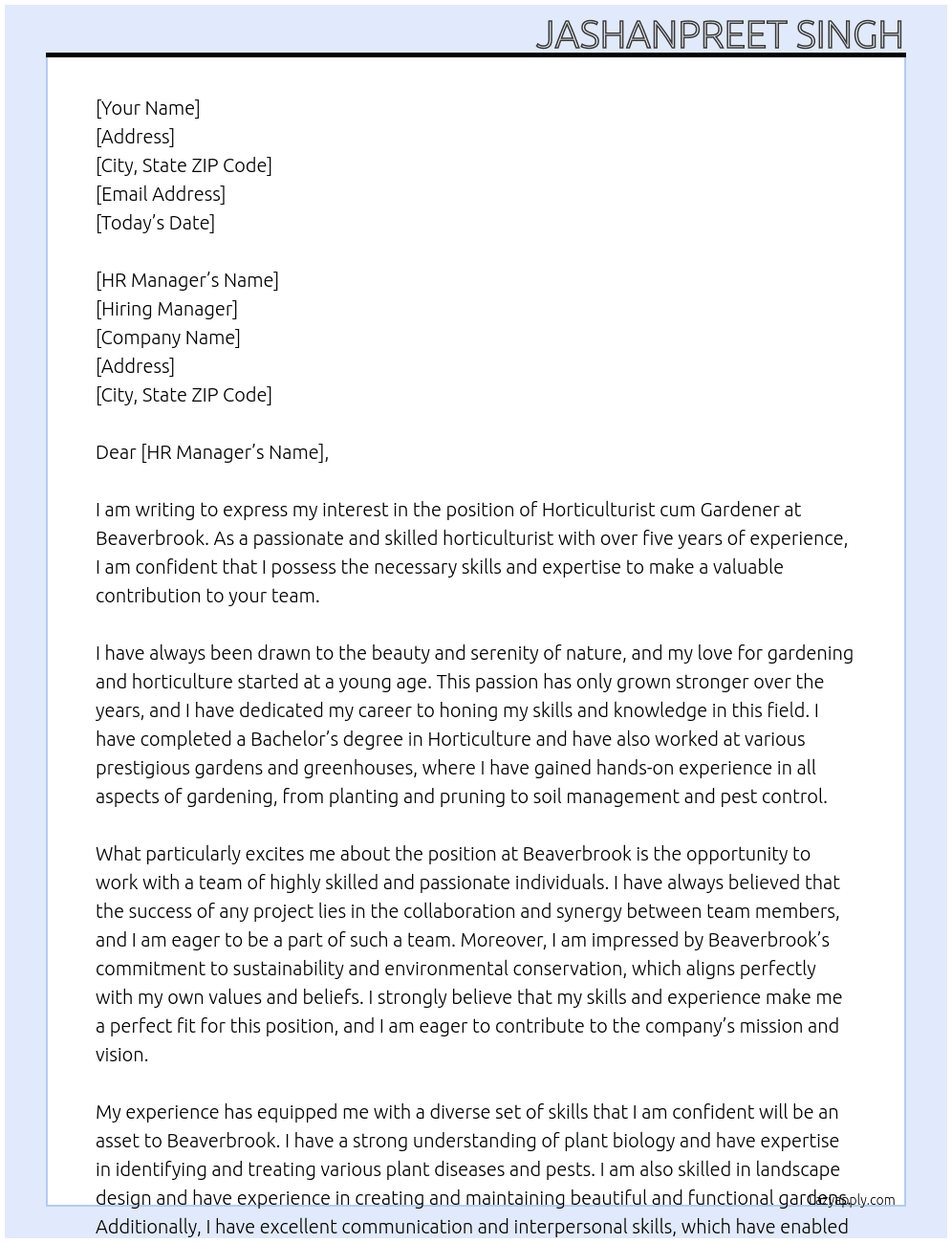 Horticulturist cum Gardener  At Beaverbrook  Cover Letter