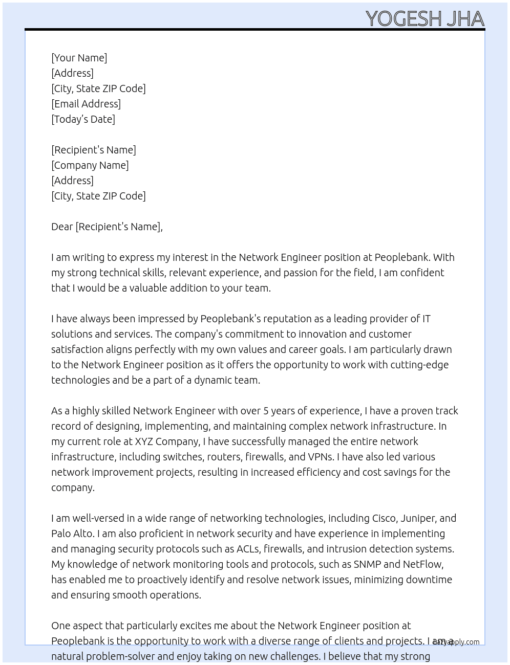 Network engineer  At Peoplebank Cover Letter