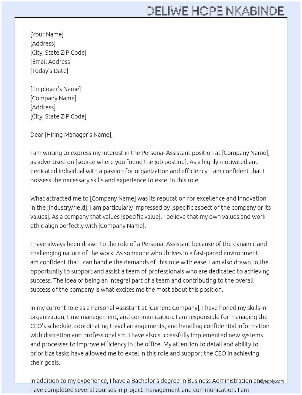 Personal assistant At Uk based company Cover Letter