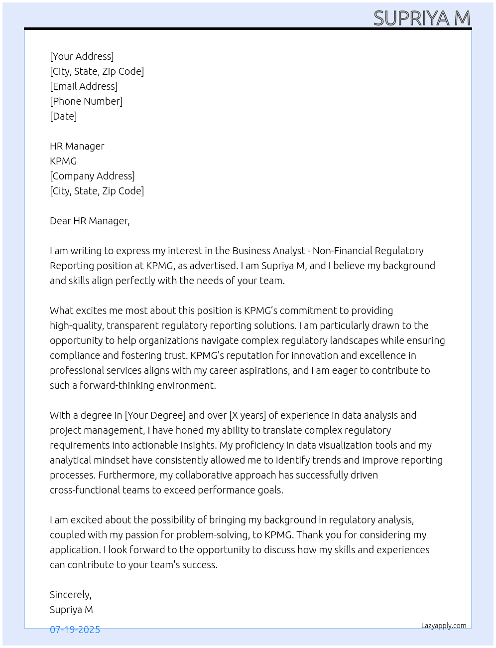 Cover letter for business analyst - non financial regulatory reporting - LazyApply