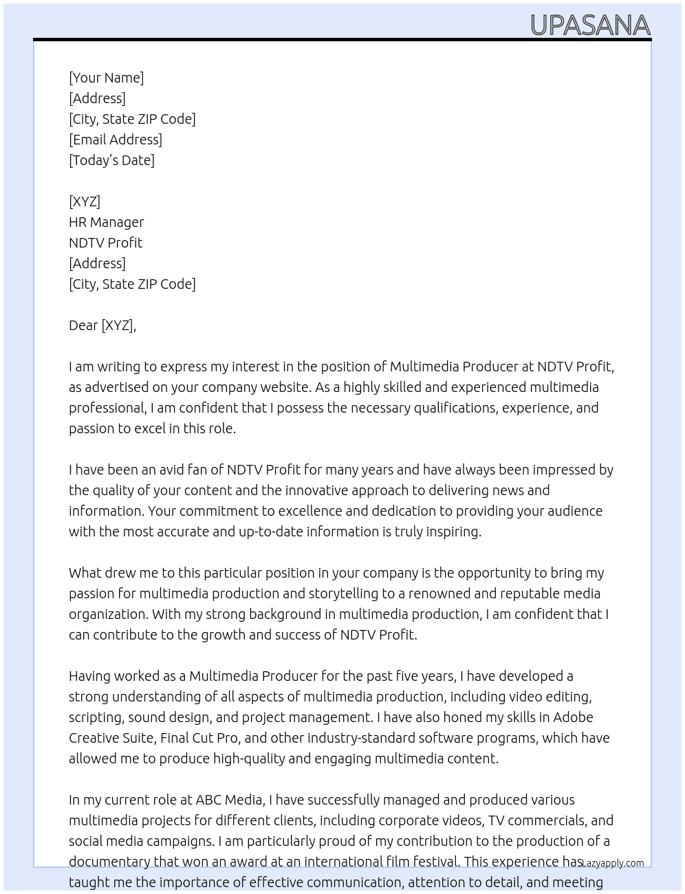 Application For Multimedia Producer At NDTV Profit Cover Letter