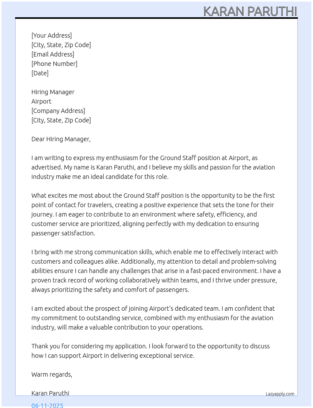 ground staff At Airport Cover Letter