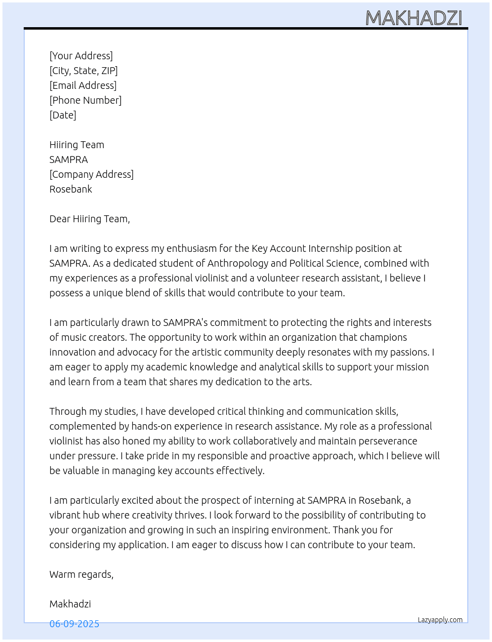 Key account is  At SAMPRA Cover Letter