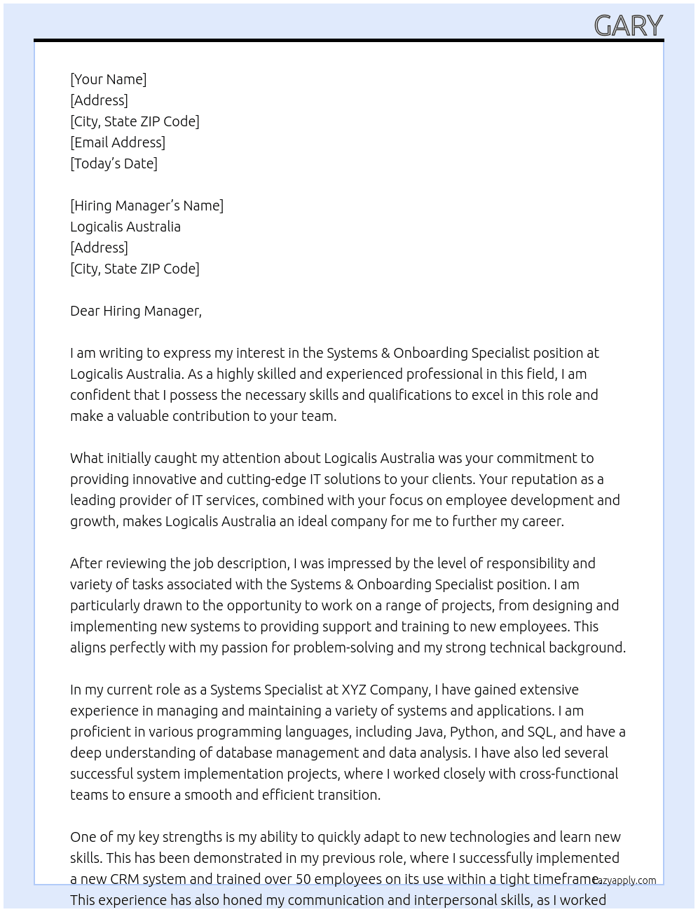 Systems & Onboarding Specialist At Logicalis Australia Cover Letter