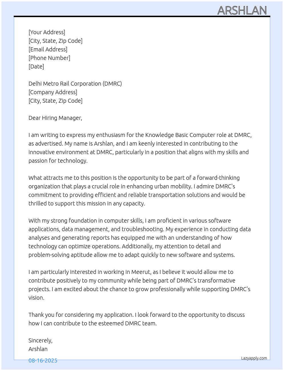Metro  At DMRC  Cover Letter
