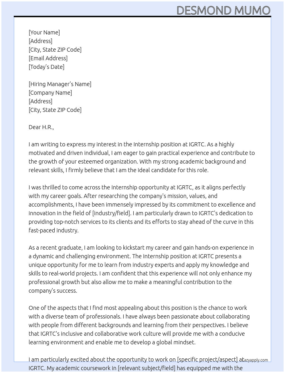 INTERNISHIP At IGRTC Cover Letter