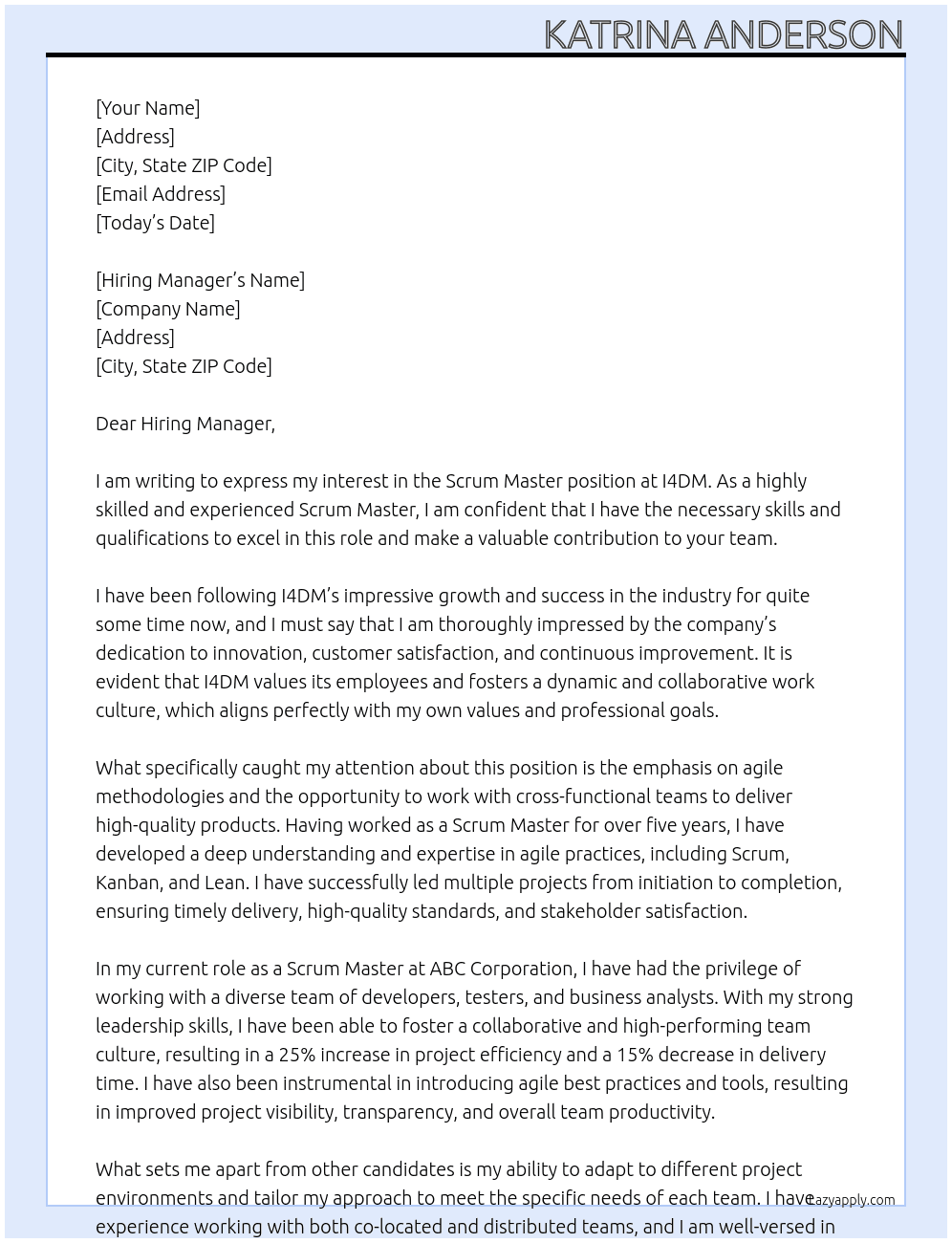 scrum master At I4DM Cover Letter