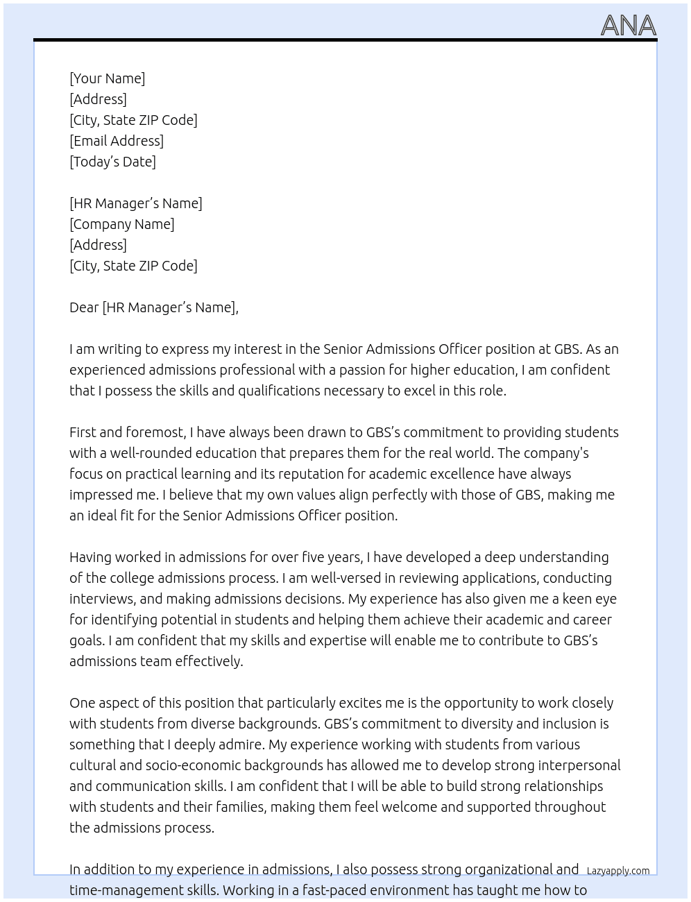 Senior Admissions Officer At GBS Cover Letter