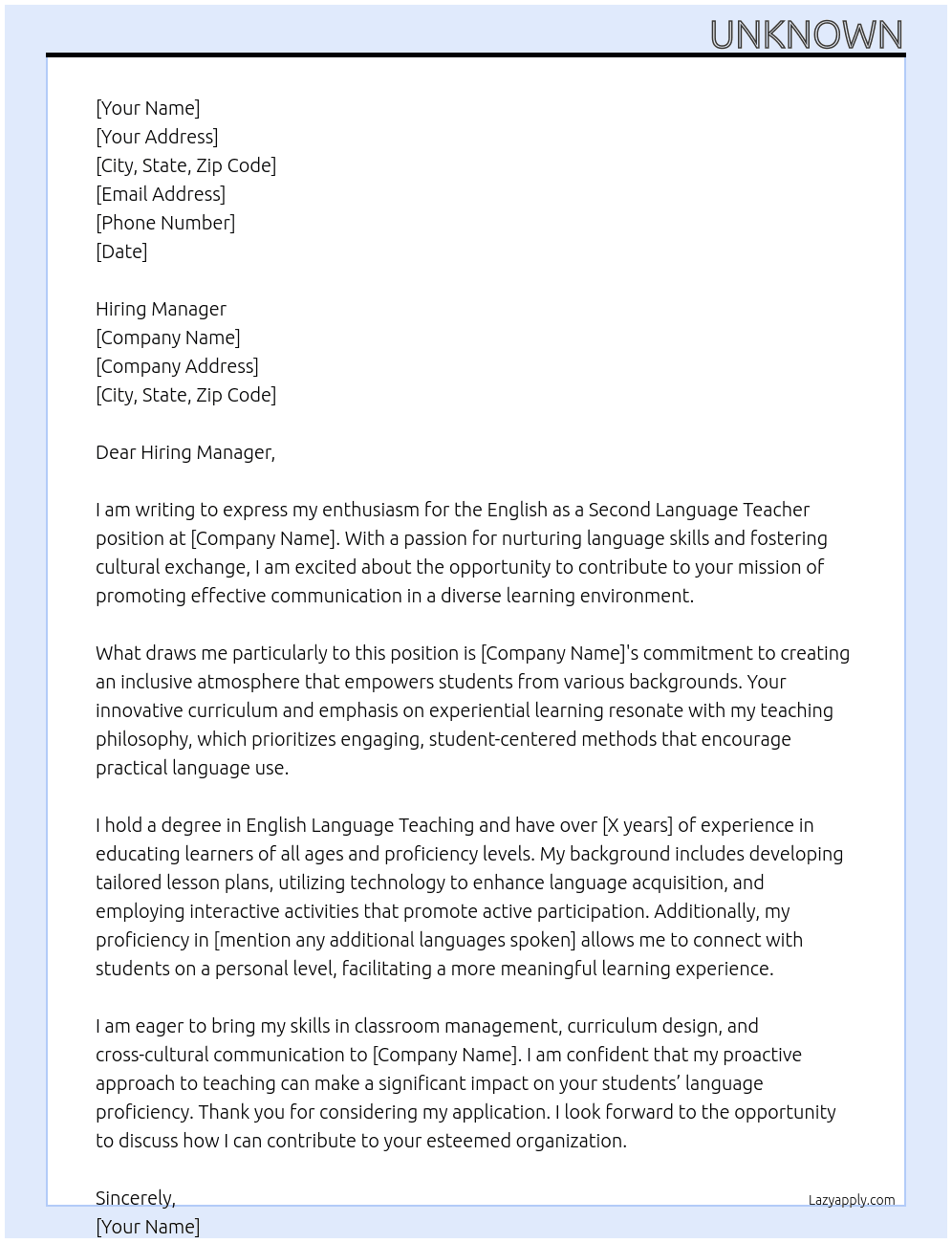 English As A Second Language Teacher At Unknown Cover Letter