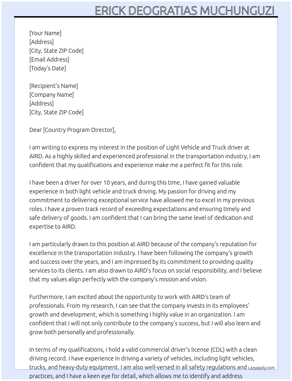 Light Vehicle and Truck driver  At AIRD Cover Letter