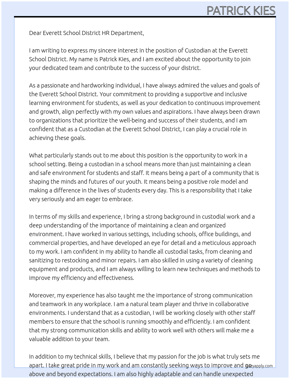Custodian  At Everett School District  Cover Letter