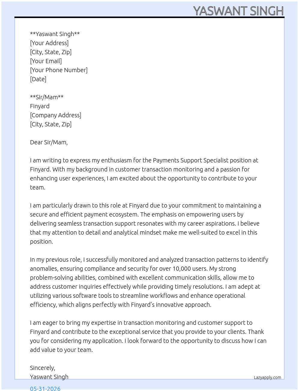 Payments Support specialist At Finyard Cover Letter