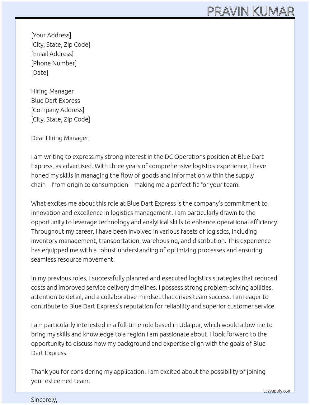 DC operations At Blue Dart Express  Cover Letter