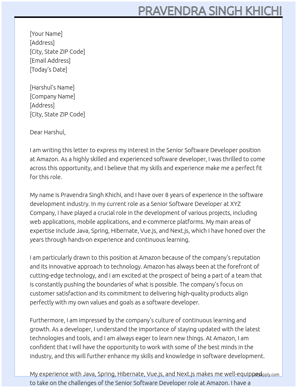 Senior Software Developer At Amazon Cover Letter