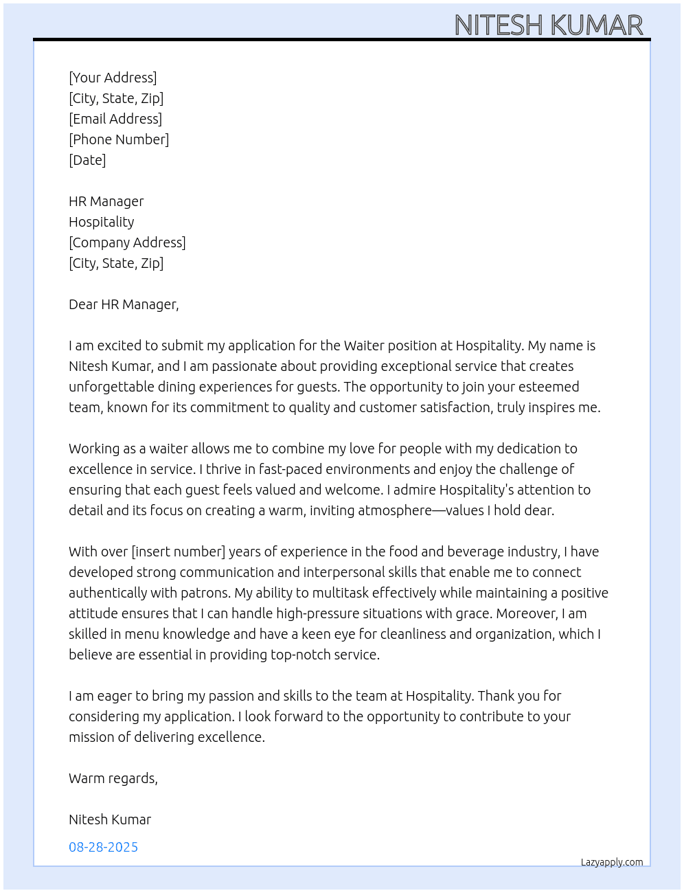 Waiter  At Hospitality  Cover Letter