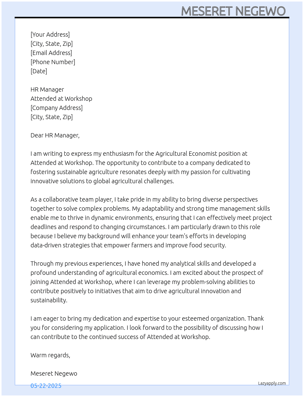 Agricultural Economist At Attended at workshop  Cover Letter