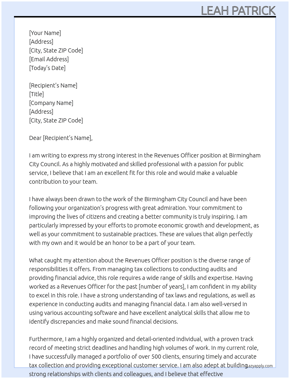 Revenues officer At Birmingham city council Cover Letter