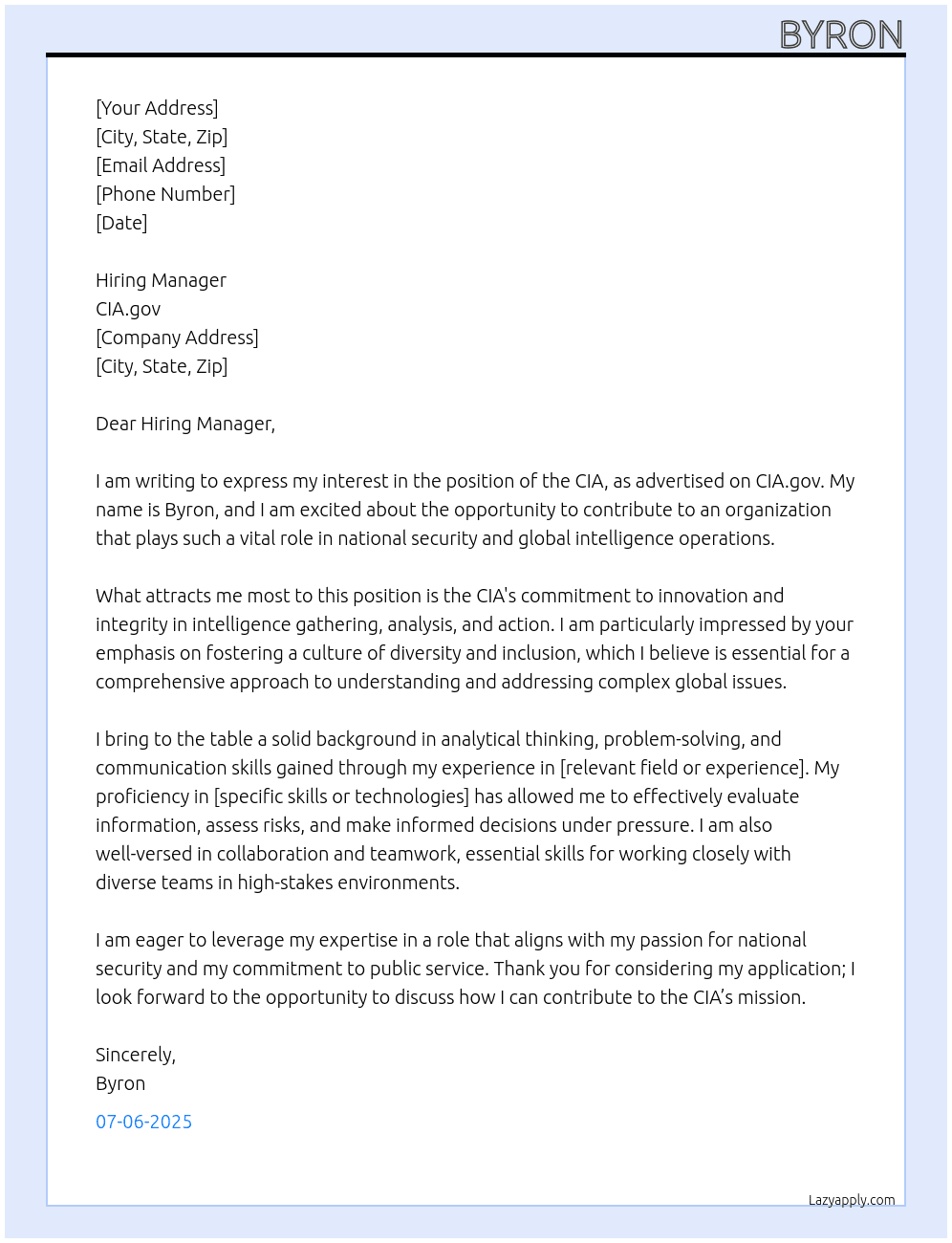 the CIA  At CIA.gov  Cover Letter