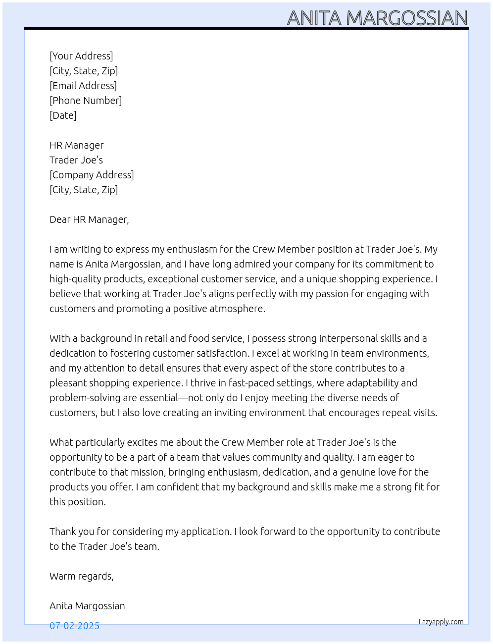 Crew member At Trader Joe's Cover Letter