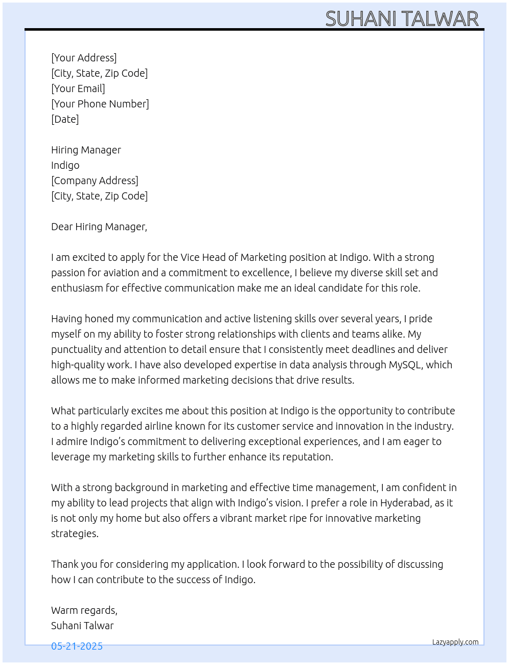 Cover letter for vice head of marketing - LazyApply