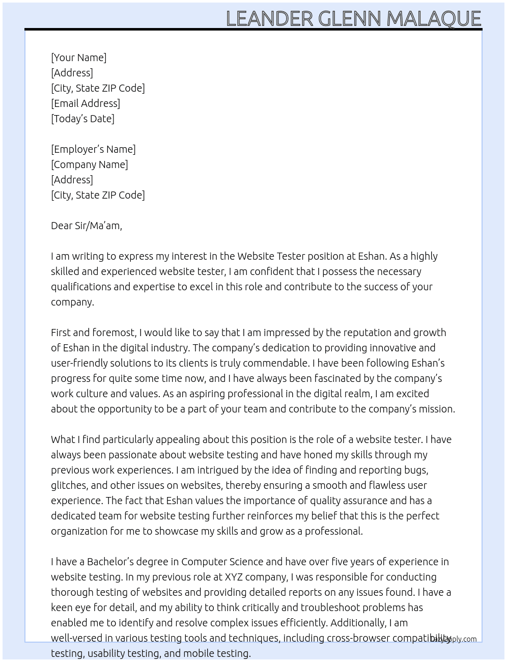 Website Tester At Eshan Cover Letter