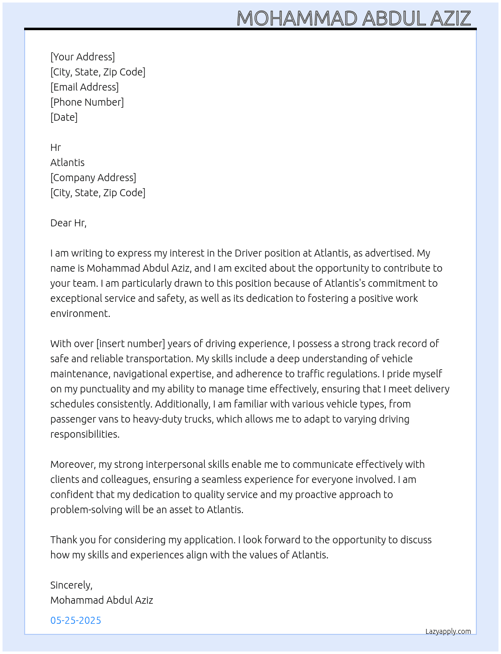 Driver  At Atlantis  Cover Letter