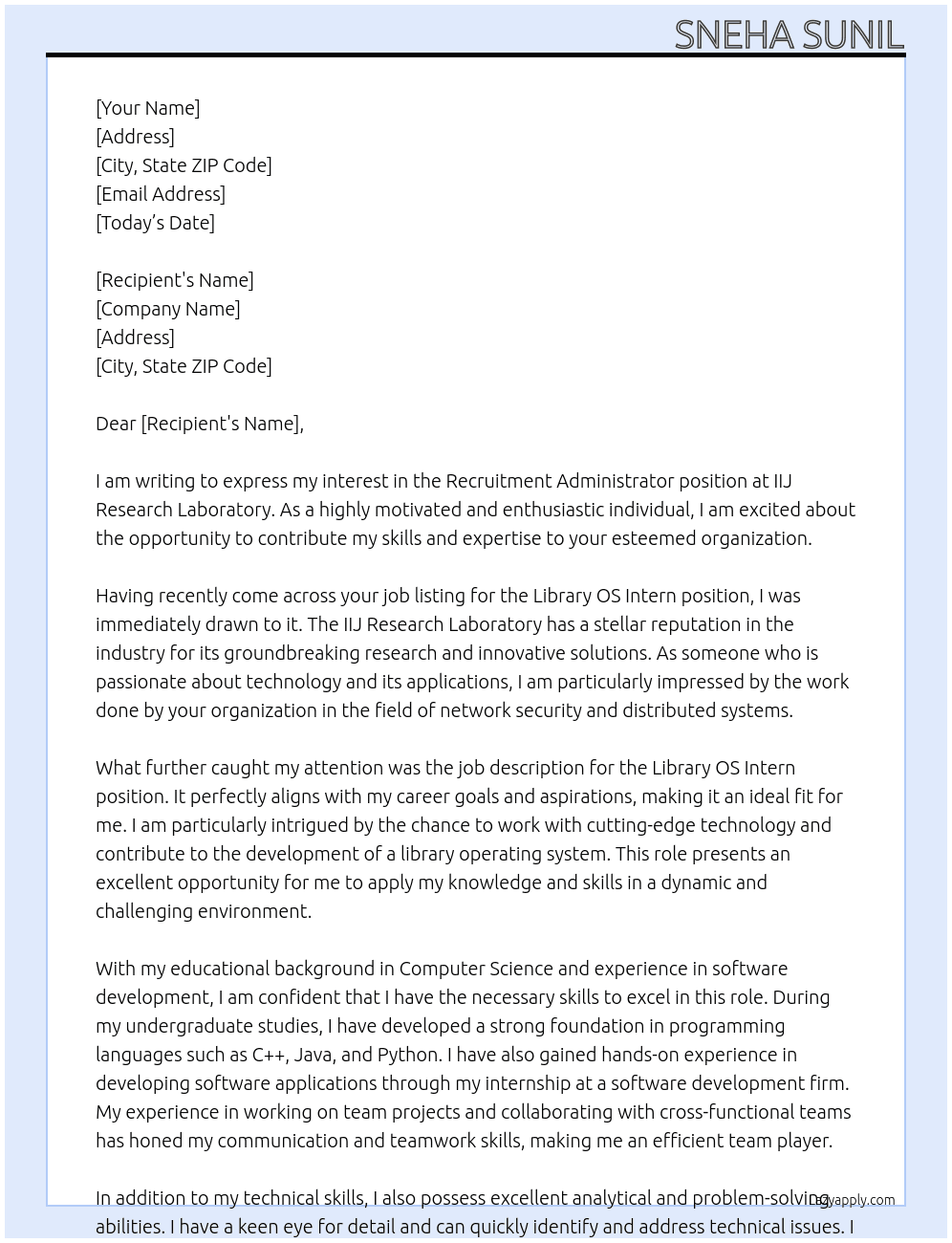 Library OS Intern At IIJ Research Laboratory Cover Letter