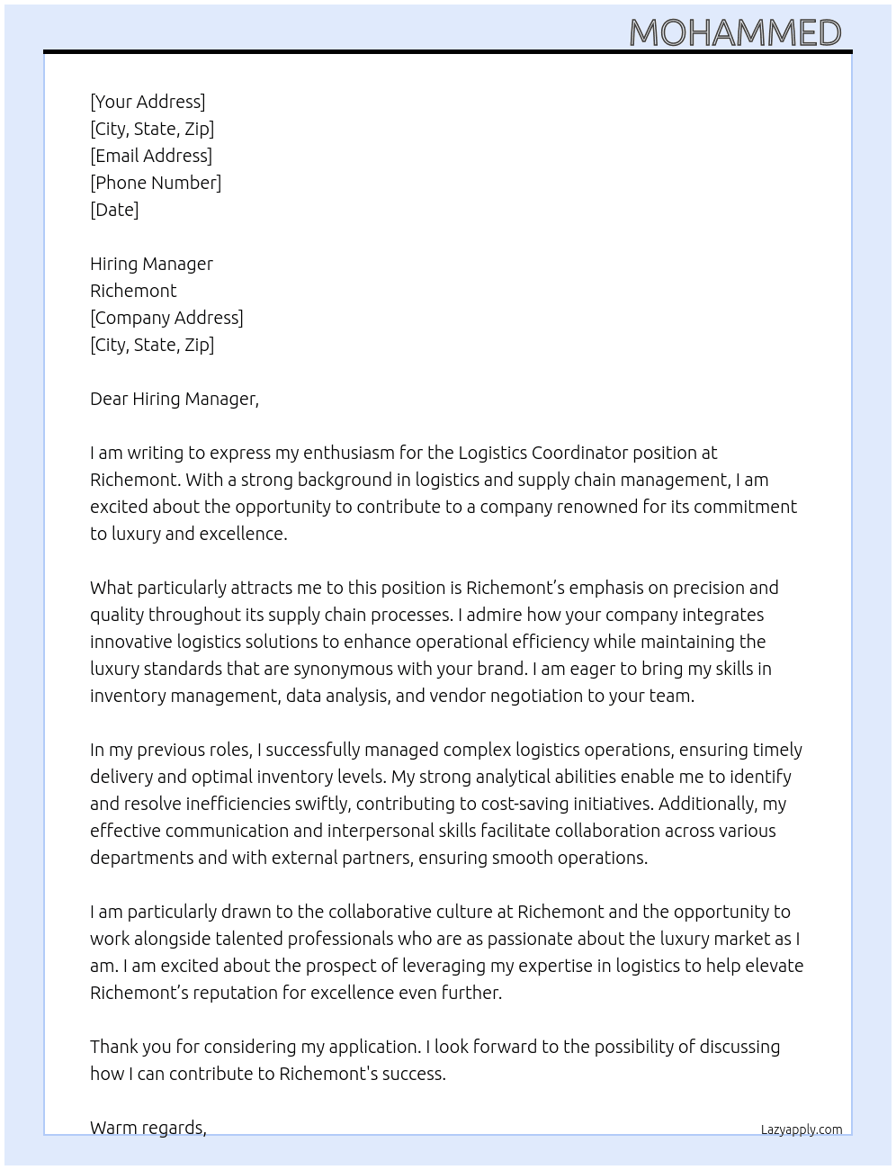 logistics coordinateor At Richemont Cover Letter