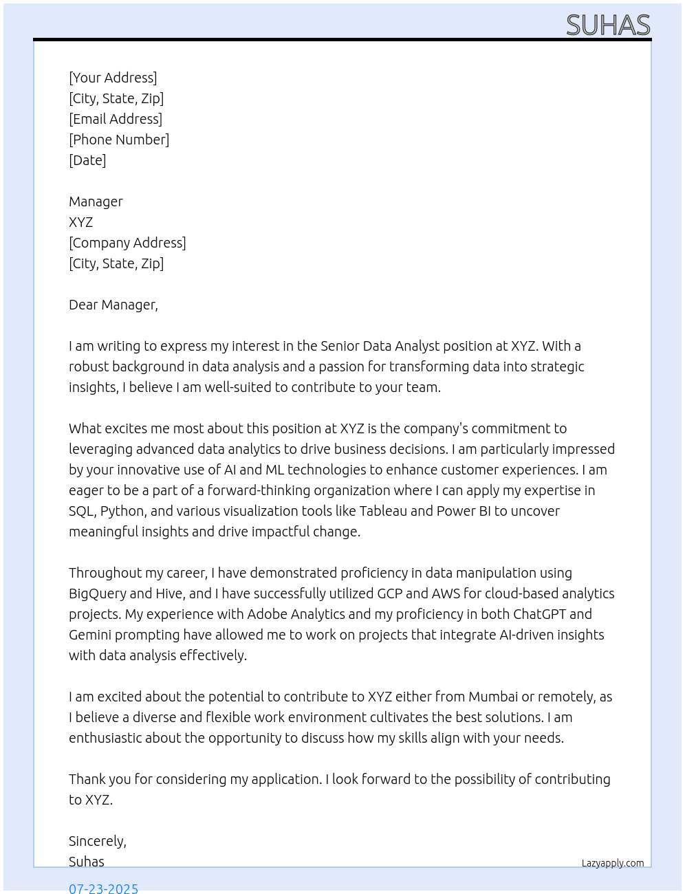 Senior Data Analyst At XYZ Cover Letter