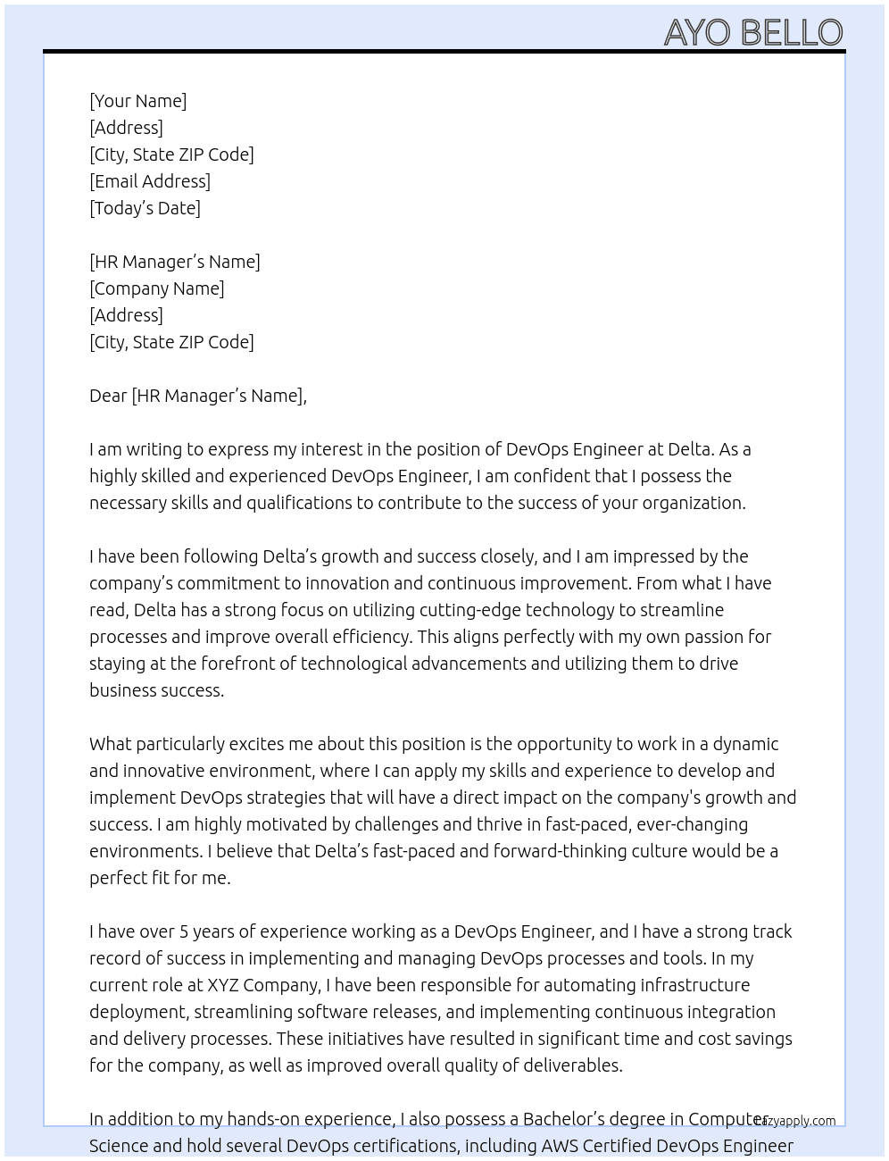 DevOps Engineer At Delta Cover Letter
