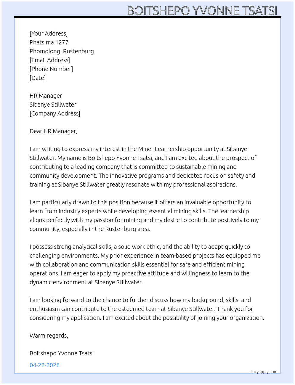 Miner learnership At Sibanye stillwater Cover Letter
