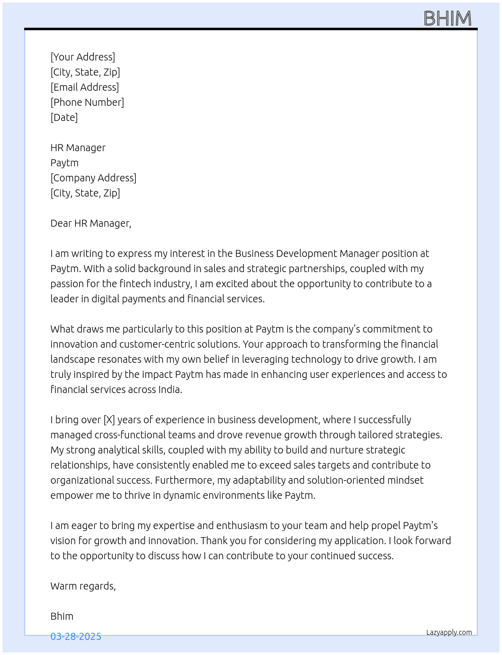 Business Development Manager At Paytm Cover Letter