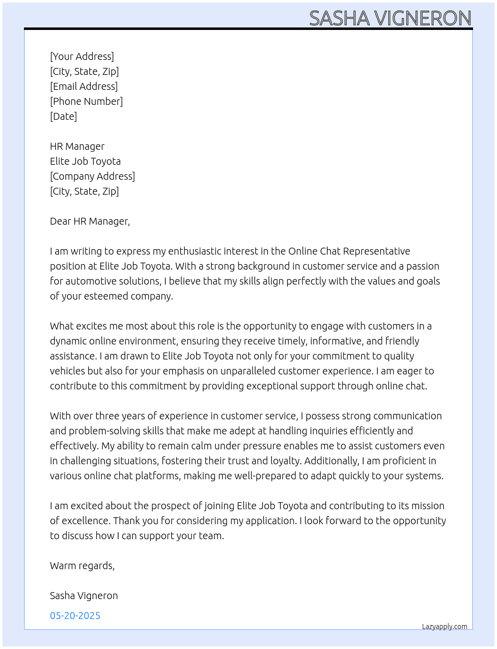 Cover letter for online chat representative - LazyApply