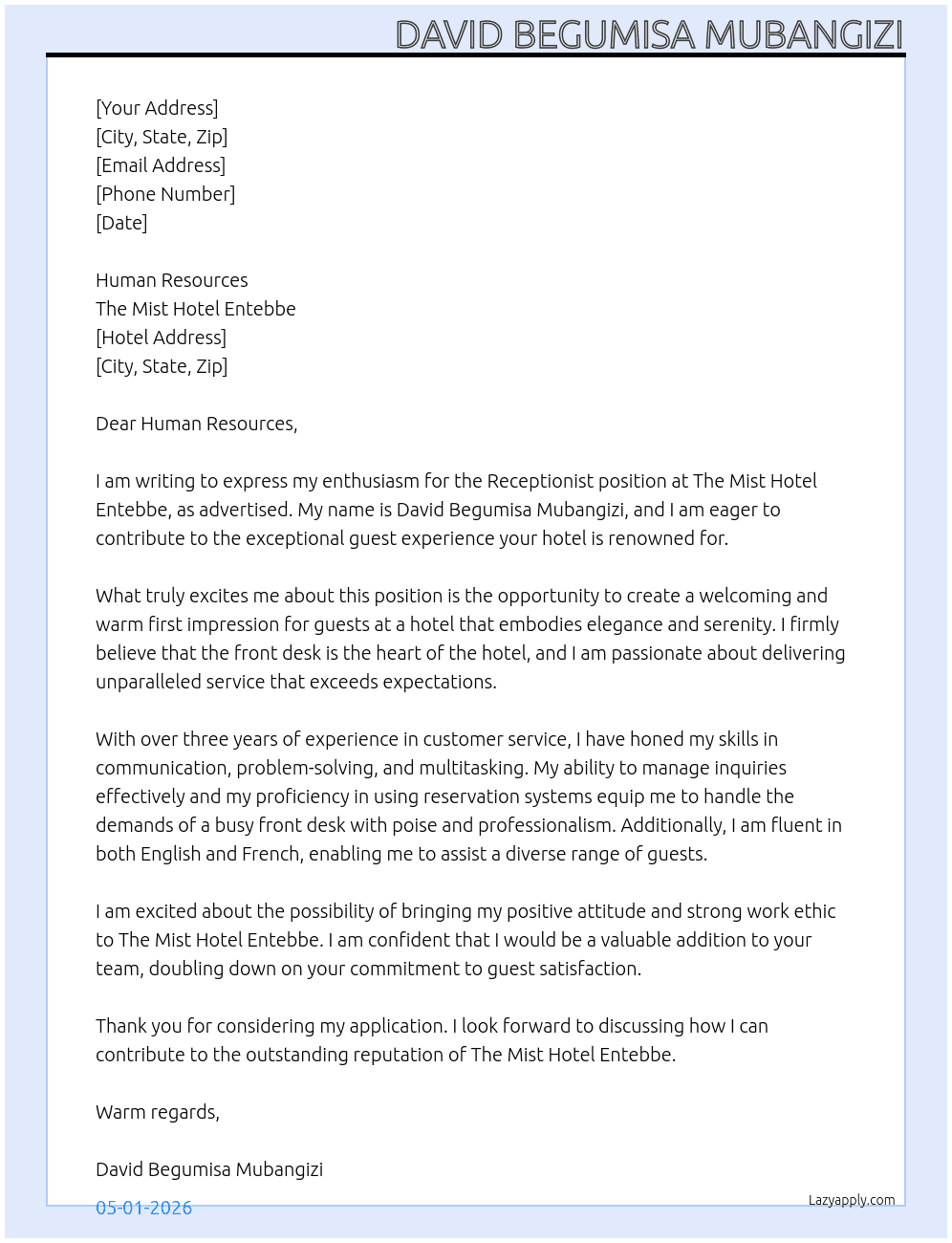 Receptionist At The Mist Hotel Entebbe Cover Letter