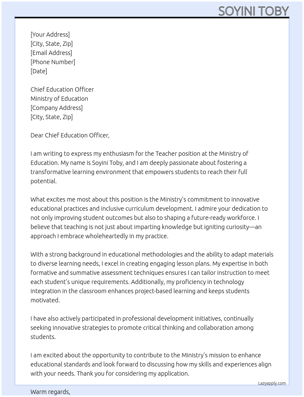 Teacher  At Ministry of education  Cover Letter