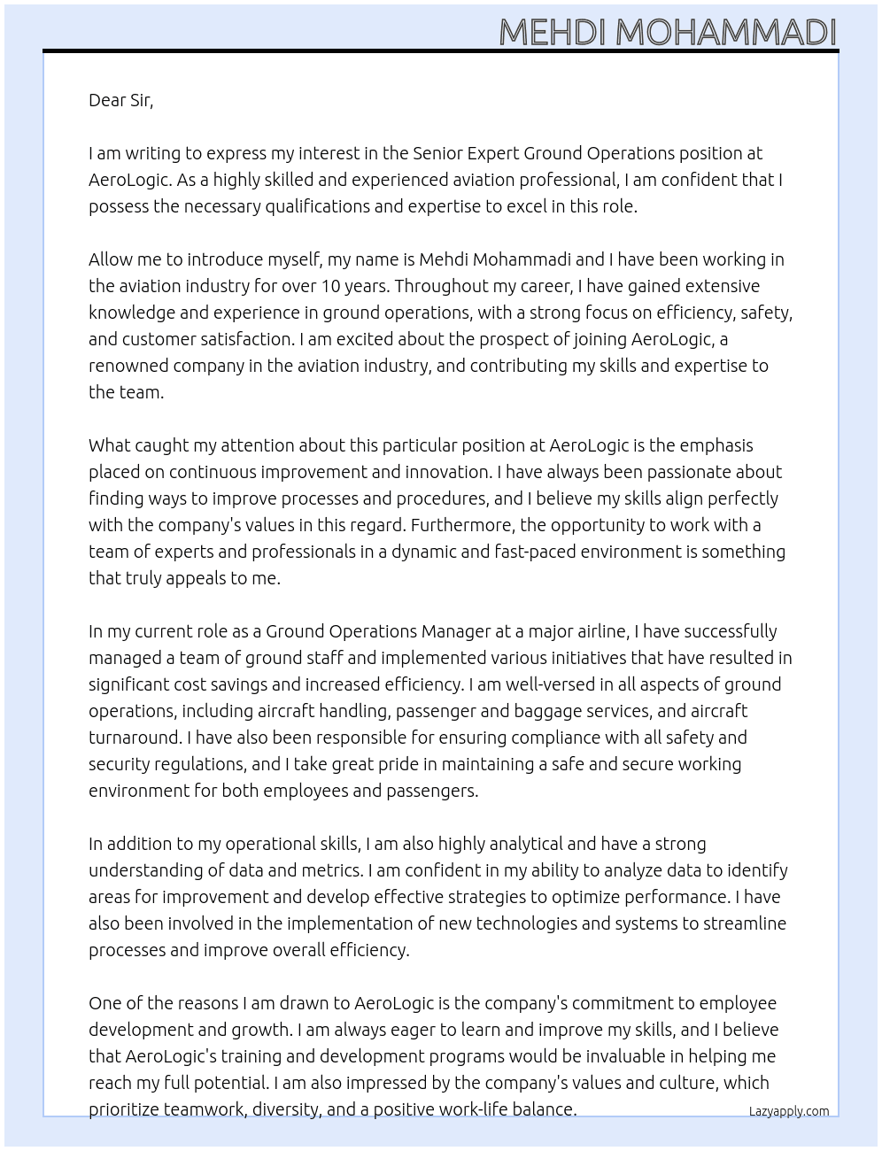 Senior Expert Ground Operations At AeroLogic Cover Letter