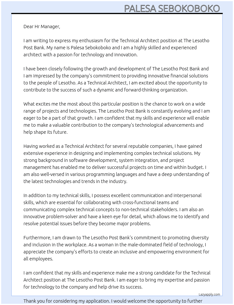 Technical Architect  At The Lesotho Post Bank  Cover Letter